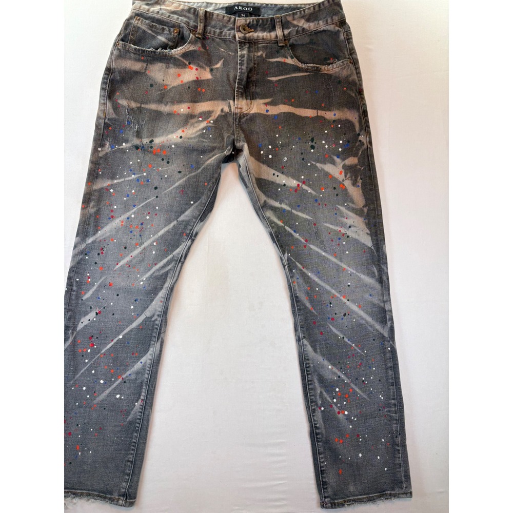 AKOO Mens Grey Bleach Tie Dye Paint Splatter Slim Fit Denim Jeans Size 34